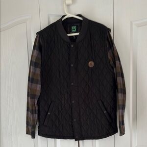 Men's Black Quilted Jacket with Plaid Sleeves